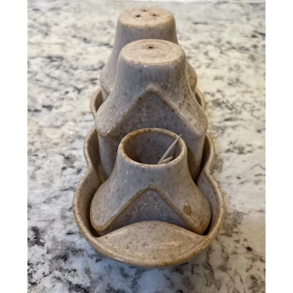 Vintage Israel Salt and Pepper Nurit Pottery Abstract MCM Toothpick Holder Caddy